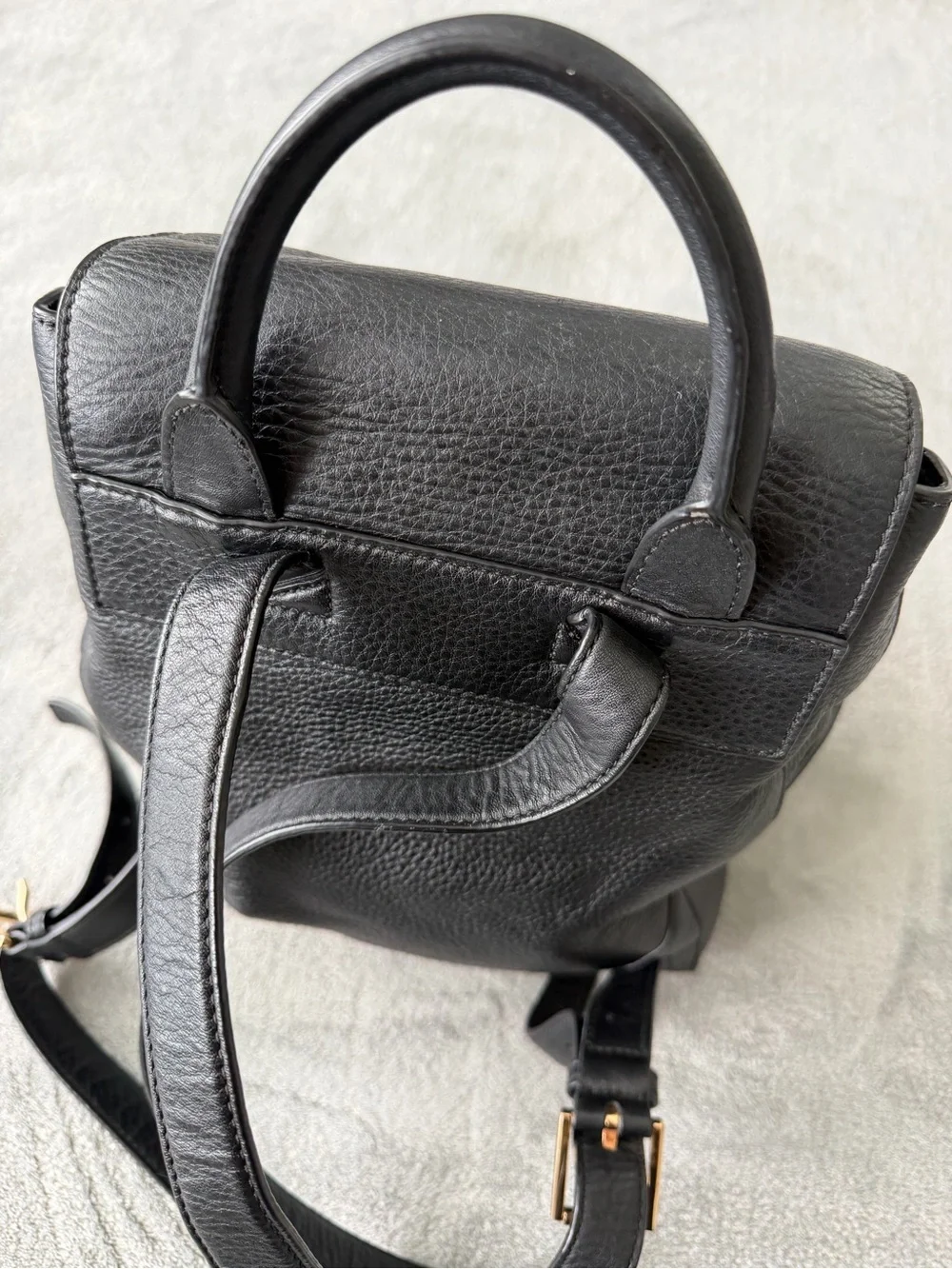 Tory Burch Black Pebbled Leather Logo Drawstring Backpack with Gold Hardware